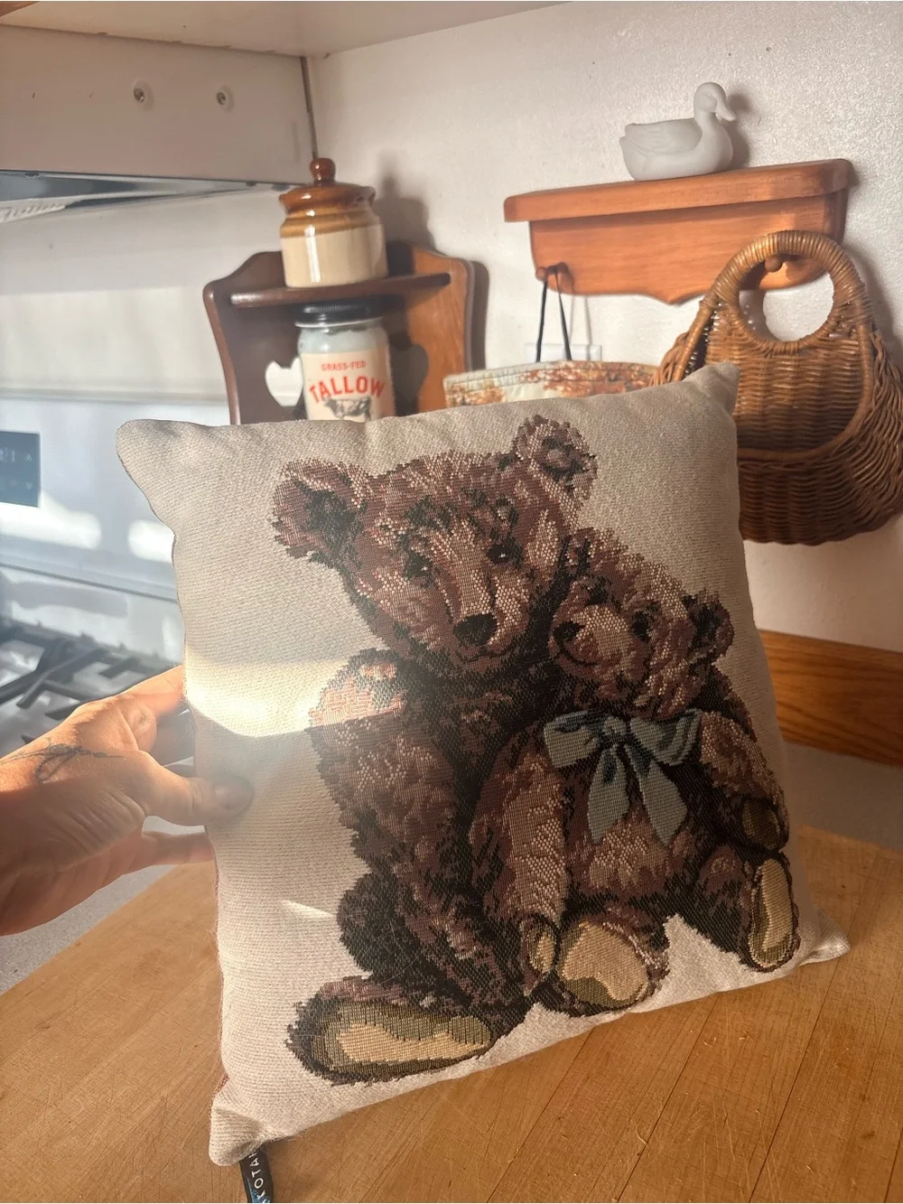 Vintage Beige Throw Pillow with Brown Teddy Bear